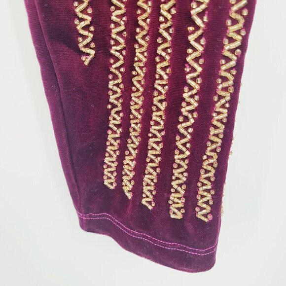Virgo’s Lounge Burgundy Velvet Gold Beaded Leggings - Picture 2 of 7